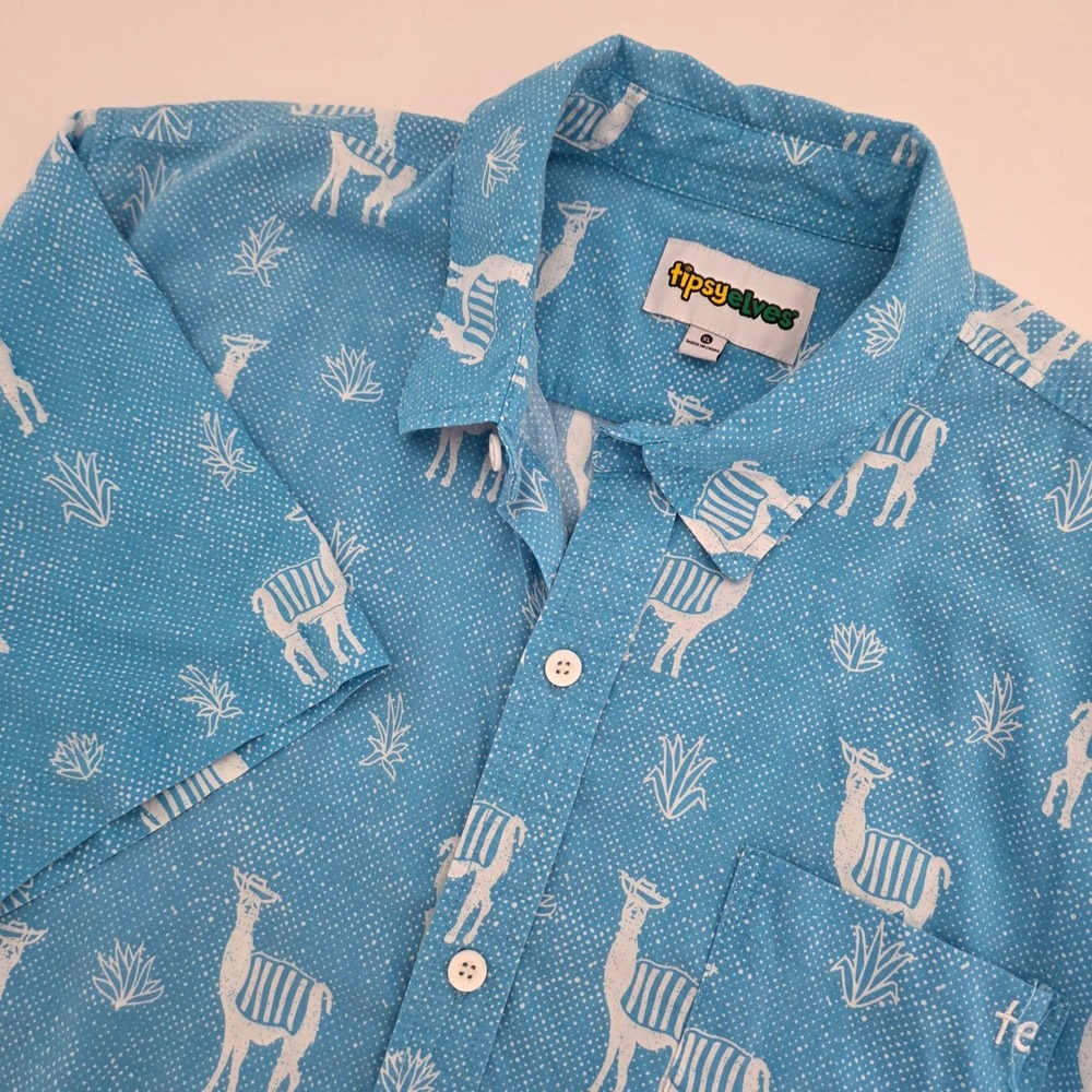 Tipsy Elves Shirt Blue Llama Agave Print Button Down‎ Mens XL